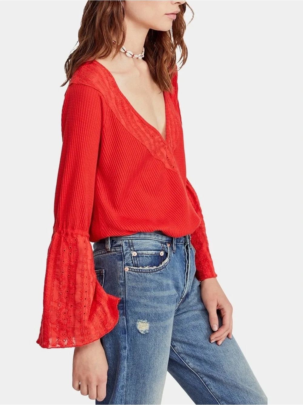Free People Parisian Vermillion Top Embroidery Eyelet V-Neck Bell Sleeves
